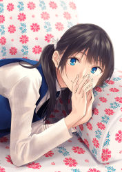 Rule 34 | 1girl, black hair, blue eyes, commentary request, couch, hair ribbon, highres, hiwatari rin, long sleeves, looking at viewer, low twintails, on couch, original, own hands together, ribbed sweater, ribbon, smile, solo, steepled fingers, sweater, turtleneck, turtleneck sweater, twintails, white ribbon, white sweater