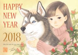 Rule 34 | 1girl, 2018, animal, berry, black eyes, blue eyes, blunt bangs, chinese zodiac, dog, english text, hug, leaf, long sleeves, looking at viewer, nengajou, new year, original, pink sweater, plant, smile, sweater, takigraphic, year of the dog