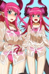 Rule 34 | 1girl, absurdres, asymmetrical horns, bad multiple views, bikini, bikini under clothes, blue eyes, blush, breasts, collared shirt, curled horns, dragon girl, dragon horns, dragon tail, dress shirt, elizabeth bathory (fate), elizabeth bathory (fate/extra ccc), fate/extra, fate (series), finger cots, hair ribbon, highres, horns, hyperbudd, long hair, long sleeves, looking at viewer, multiple views, official alternate costume, open mouth, pink bikini, pink hair, pointy ears, ribbon, shirt, small breasts, swimsuit, tail, thighs, two side up, uneven horns, wet, wet clothes, white shirt