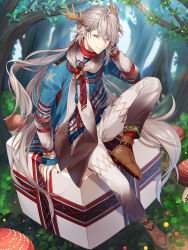 Rule 34 | 1boy, androgynous, antlers, bishounen, blue eyes, blurry, boots, brown hair, christmas ornaments, christmas tree, cocosuke, cross-laced footwear, depth of field, finland sauteed reindeer (food fantasy), food fantasy, full body, hand on own head, highres, horns, image sample, lace-up boots, long hair, looking at viewer, male focus, official art, pale skin, red socks, reindeer antlers, socks, solo, third-party source