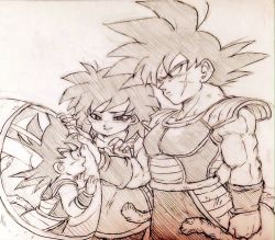 Rule 34 | armor, bardock, black eyes, black hair, dragon ball, expressionless, father and son, gine, monochrome, mother and son, sad, scarf, short hair, simple background, son goku, spiked hair, tail, tears, tkgsize, wristband