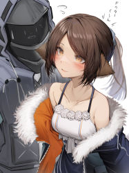 Rule 34 | 1boy, 1girl, absurdres, animal ears, arknights, blue jacket, blush, brown eyes, brown hair, closed mouth, collarbone, fur-trimmed jacket, fur trim, highres, jacket, light smile, long sleeves, looking at another, perfumer (arknights), ponytail, short hair, simple background, smile, tab head, translation request, white background