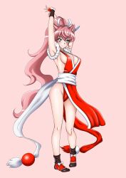 Rule 34 | 1girl, absurdres, armpits, arms up, blue eyes, blush, breasts, closed mouth, cosplay, eyebrows hidden by hair, fatal fury, full body, highres, kyomeihibiki, large breasts, long hair, looking at viewer, maria cadenzavna eve, no bra, pink background, pink hair, ponytail, senki zesshou symphogear, shiny skin, shiranui mai (cosplay), sideboob, simple background, smile, solo, standing, the king of fighters