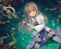 Rule 34 | 10s, 1girl, arrow (projectile), arrow in body, blonde hair, blood, blue eyes, blush, from above, goblin, goblin slayer!, grass, holding, holding staff, injury, kneeling, ling si, long hair, long sleeves, looking at viewer, monster, multiple boys, no headwear, priestess (goblin slayer!), robe, solo focus, staff, tears, thighhighs, white thighhighs