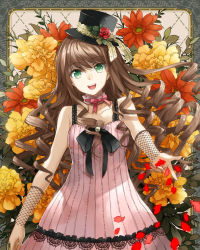 Rule 34 | 1girl, :d, bare shoulders, brown hair, collarbone, dress, drill hair, fishnets, flower, green eyes, hat, highres, mini hat, mini top hat, open mouth, original, petals, ryou (kimagure), smile, solo, top hat