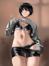 Rule 34 | 1girl, black hair, black panties, black shorts, black sports bra, blurry, blurry background, brown background, clothes lift, drawstring, grey sweater, hand up, highres, hunyan, looking at viewer, navel, original, panties, parted lips, short hair, shorts, sleeves past wrists, smile, solo, sports bra, sweater, sweater lift, underwear, v