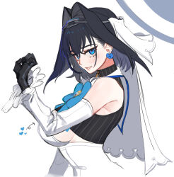 Rule 34 | 1girl, black gloves, black hair, blue bow, blue eyes, blue gemstone, blue hair, bow, bow earrings, breasts, chain, chain headband, chest jewel, clothing cutout, crossed bangs, detached sleeves, earrings, eus ing, frilled sleeves, frills, gem, gloves, hair behind ear, hair between eyes, heart, hololive, hololive english, jewelry, medium breasts, ouro kronii, shirt, short hair, sideboob cutout, simple background, sleeveless, sleeveless turtleneck, solo, turtleneck, turtleneck shirt, veil, virtual youtuber, white background
