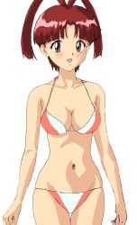 Rule 34 | 1990s (style), 1girl, bikini, blush, breasts, brown eyes, cleavage, collarbone, cowboy shot, female focus, flat color, highres, looking at viewer, medium breasts, navel, open mouth, red hair, retro artstyle, short hair, simple background, smile, solo, standing, swimsuit, thigh gap, tsukiyo no ribbon, utsugi mikoto, white background, yuusha ou gaogaigar, yuusha series