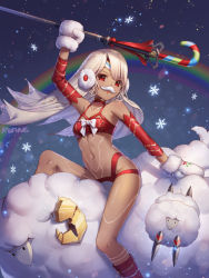 Rule 34 | 1girl, :o, altera (fate), altera the santa (fate), animal, arm up, artist name, bare shoulders, boots, bra, breasts, candy, candy cane, choker, christmas, circlet, collarbone, commentary, dark-skinned female, dark skin, detached sleeves, earmuffs, facial hair, fate/grand order, fate (series), food, full-body tattoo, fur trim, holding, holly, knee boots, light particles, looking at viewer, mittens, mustache, navel, night, night sky, on animal, open mouth, rainbow, red bra, red choker, red eyes, red footwear, ribbon, riding, roang, sheep, shiny skin, short hair, signature, sitting, sky, small breasts, snowflakes, snowing, star (sky), starry sky, stomach, swept bangs, tattoo, underwear, veil, white hair, white mittens, white ribbon, wind