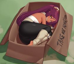 Rule 34 | 1girl, :3, ass, bare shoulders, barefoot, black leggings, bleach, box, cardboard box, commentary, dark-skinned female, dark skin, english text, eyes visible through hair, fetal position, for adoption, full body, hair flaps, in box, in container, kuroonehalf, leggings, long hair, looking at viewer, lying, on side, parted bangs, ponytail, purple hair, shihouin yoruichi, smile, solo, very long hair, yellow eyes