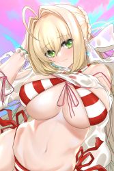 Rule 34 | 1girl, ahoge, bad id, bad pixiv id, bikini, blonde hair, bracelet, breasts, closed mouth, criss-cross halter, earrings, eyes visible through hair, fate/grand order, fate (series), glint, green eyes, hair between eyes, hair intakes, halterneck, hand up, highres, jewelry, large breasts, long hair, looking at viewer, navel, nero claudius (fate), nero claudius (fate) (all), nero claudius (swimsuit caster) (fate), nero claudius (swimsuit caster) (third ascension) (fate), otsumami (bu-bu-heaven), pink ribbon, red ribbon, ribbon, side-tie bikini bottom, single bare shoulder, skindentation, solo, sparkle, stomach, striped bikini, striped clothes, swimsuit, underboob
