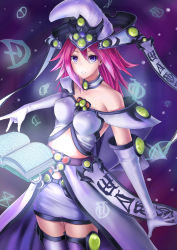 Rule 34 | 1girl, aqua eyes, bad id, bad pixiv id, book, breasts, collar, duel monster, elbow gloves, gloves, glowing, hat, high priestess of prophecy, highres, long hair, looking at viewer, magical erudite junon, mizuya nao, pink hair, solo, thighhighs, white thighhighs, wizard hat, yu-gi-oh!