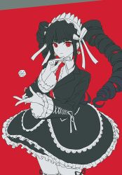 Rule 34 | 1girl, black hair, black jacket, black ribbon, black skirt, celestia ludenberg, collared shirt, cowboy shot, danganronpa: trigger happy havoc, danganronpa (series), drill hair, earrings, frilled skirt, frills, hand up, highres, jacket, jewelry, layered skirt, long sleeves, necktie, nekor0id, open clothes, open jacket, red background, red eyes, red necktie, ribbon, shirt, simple background, skirt, smile, solo, thighhighs, twin drills, twintails, white shirt, zettai ryouiki