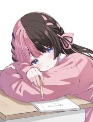 Rule 34 | 1girl, alternate costume, black bow, black hair, blue eyes, blush, bow, braid, closed mouth, desk, dot nose, highres, holding, holding pen, long hair, long sleeves, looking at viewer, multicolored hair, notebook, pen, pink bow, pink hair, pink sweater, shinshia (sinsia 0928), simple background, solo, split-color hair, sweater, tachibana hinano (vtuber), twintails, two-tone hair, virtual youtuber, vspo!, white background