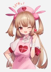 Rule 34 | &gt; &lt;, 1girl, :d, apron, armband, bandaged wrist, bandages, blush, collared dress, commentary, dress, fang, hair ornament, hand on own hip, hand up, hat, heart, heart print, highres, light brown hair, long hair, looking at viewer, nail polish, natori sana, nurse cap, one eye closed, open mouth, pink apron, pink hat, puffy short sleeves, puffy sleeves, rabbit hair ornament, red armband, red eyes, red nails, sana channel, short sleeves, simple background, smile, solo, symbol-only commentary, two side up, upper body, v-shaped eyebrows, very long hair, virtual youtuber, white dress, zumi tiri