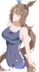 Rule 34 | 1girl, absurdres, admire vega (umamusume), animal ears, bare arms, bare shoulders, blue one-piece swimsuit, breasts, brown eyes, closed mouth, competition school swimsuit, cowboy shot, e sky rugo, ear covers, hair between eyes, highres, horse ears, horse tail, large breasts, long hair, looking at viewer, one-piece swimsuit, ponytail, school swimsuit, simple background, solo, standing, swimsuit, tail, umamusume, very long hair, white background