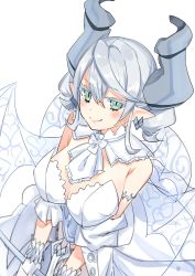 Rule 34 | 1girl, blush, breasts, cleavage, demon girl, demon horns, dress, duel monster, earrings, gloves, highres, horns, jewelry, large breasts, lovely labrynth of the silver castle, low wings, nernnernneru, pointy ears, smug, tagme, transparent wings, white dress, white eyes, white hair, wings, yu-gi-oh!