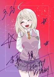 Rule 34 | 1girl, :d, absurdres, ahoge, akamatsu kaede, arms behind back, blonde hair, brown necktie, closed eyes, collared shirt, cowboy shot, danganronpa (series), danganronpa v3: killing harmony, dated, facing viewer, fortissimo, hair ornament, happy birthday, highres, long hair, man ni, miniskirt, musical note, musical note hair ornament, musical note print, necktie, open mouth, pink background, pink sweater vest, pink vest, pleated skirt, red background, shirt, skirt, smile, solo, sweater vest, teeth, translation request, upper teeth only, vest, white shirt