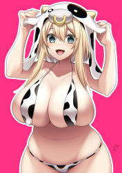 Rule 34 | 1girl, :d, animal ears, animal print, bare shoulders, belly, bikini, blonde hair, breasts, cleavage, commentary request, cow ears, cow horns, cow print, curvy, green eyes, hair between eyes, halterneck, hand on headwear, highres, horns, huge breasts, large breasts, long hair, looking at viewer, navel, open mouth, original, pink background, plump, sidelocks, smile, solo, suzuki nene, swimsuit, thick thighs, thighs, wide hips