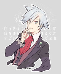 Rule 34 | 1boy, artist name, closed mouth, commentary request, creatures (company), game freak, hand up, jacket, jewelry, kusuribe, long sleeves, looking at viewer, male focus, nintendo, open clothes, open jacket, outline, pokemon, pokemon oras, ring, silver hair, smile, solo, steven stone
