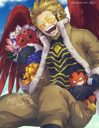 Rule 34 | 1boy, blonde hair, blue sky, boku no hero academia, bouquet, costume, doll, endeavor (boku no hero academia), closed eyes, facial hair, feathered wings, feathers, flower, fur-trimmed jacket, fur trim, gift, happy, happy birthday, hawks (boku no hero academia), headphones, highres, holding, holding flower, holding gift, jacket, mahoubin (totemo hot dayo), male focus, midair, open mouth, red feathers, rimless eyewear, sky, solo, twitter username, wings