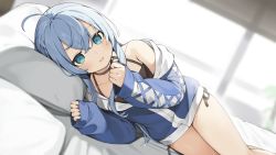 Rule 34 | 1girl, bare shoulders, bed sheet, black camisole, black choker, black panties, blue eyes, blue hair, blue jacket, blurry, blurry background, blush, camisole, choker, collarbone, commentary request, day, depth of field, feet out of frame, hair between eyes, hands up, highres, indie virtual youtuber, indoors, jacket, long hair, long sleeves, looking at viewer, lying, misorano shio, off shoulder, on side, open clothes, open jacket, panties, parted lips, pill, puffy long sleeves, puffy sleeves, seramikku, side-tie panties, sleeves past wrists, smile, solo, underwear, very long hair, virtual youtuber