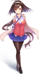 Rule 34 | 1girl, ahoge, arms behind back, azur lane, black footwear, blue skirt, blush, breasts, brown hair, brown pantyhose, coat, collared shirt, commentary request, crossed legs, floating hair, full body, hair ornament, hairband, hairclip, independence (azur lane), independence (transfer student from afar) (azur lane), kurai masaru, large breasts, loafers, long hair, looking at viewer, low ponytail, miniskirt, necktie, open clothes, open coat, pantyhose, parted lips, pleated skirt, red eyes, red shirt, school uniform, shadow, shirt, shoes, simple background, skirt, solo, standing, undershirt, untucked shirt, very long hair, watson cross, white background, white coat, white shirt