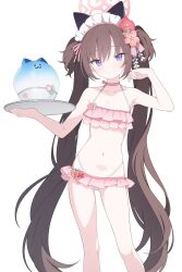 Rule 34 | 1girl, absurdres, animal ears, bare arms, bare shoulders, bikini, blue archive, bowl, breasts, brown hair, choker, closed mouth, collarbone, commentary request, flower, hair flower, hair ornament, halo, head tilt, highleg, highleg bikini, highres, holding, holding tray, jyt, long hair, looking at viewer, pink bikini, pink choker, pink flower, purple eyes, red flower, shizuko (blue archive), shizuko (swimsuit) (blue archive), simple background, small breasts, smile, solo, swimsuit, tray, twintails, very long hair, white background