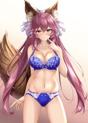 Rule 34 | 1girl, animal ears, bare shoulders, blue bra, blue panties, blush, bow, bra, breasts, cleavage, closed mouth, collarbone, fate/extra, fate (series), fox ears, fox girl, fox tail, fukuda shuushi, gradient background, hair between eyes, hair bow, highres, large breasts, long hair, looking at viewer, navel, panties, sidelocks, smile, solo, tail, tamamo (fate), tamamo no mae (fate/extra), thighs, twintails, underwear