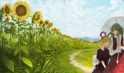 Rule 34 | 2girls, ^ ^, blonde hair, blue sky, bow, bowtie, closed eyes, cloud, cloudy sky, cowboy shot, day, faux traditional media, fjsmu, flower, flower field, garden of the sun, grass, green hair, hair ribbon, highres, holding, holding umbrella, kazami yuuka, landscape, leaning on person, long sleeves, looking at another, looking down, medicine melancholy, mountain, multiple girls, necktie, open clothes, open mouth, open vest, outdoors, overcast, path, plaid, plaid skirt, plaid vest, puffy short sleeves, puffy sleeves, red eyes, red neckwear, red shirt, red skirt, ribbon, road, scenery, shirt, short hair, short sleeves, skirt, sky, smile, sunflower, sunflower field, touhou, umbrella, upper body, v arms, vest, white shirt, wide shot, yellow neckwear