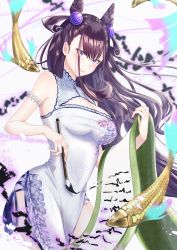 Rule 34 | 1girl, absurdres, bare shoulders, breasts, brown hair, calligraphy brush, chinese clothes, cleavage, cleavage cutout, clothing cutout, commentary request, cone hair bun, double bun, dress, fate/grand order, fate (series), fish, hair bun, hair ornament, highres, huge filesize, ink, long hair, medium breasts, murasaki shikibu (fate), paintbrush, purple eyes, scroll, sleeveless, solo, tobi (pixiv41237754), two side up, very long hair