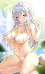 Rule 34 | 1girl, aqua eyes, armpits, bikini, blurry, blurry background, breasts, cleavage, collarbone, commentary request, depth of field, duplicate, emily (pure dream), halterneck, highres, jewelry, large breasts, leaf, long hair, navel, necklace, open mouth, original, pixel-perfect duplicate, shiny skin, silver hair, sitting, smile, stomach, string bikini, swimsuit, underboob, water, water drop, white bikini