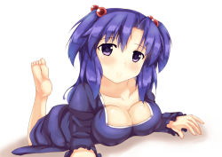 Rule 34 | 00s, 1girl, barefoot, blue hair, breasts, clannad, cleavage, dress, feet, fuyuki8208, hair bobbles, hair ornament, ichinose kotomi, long hair, lying, on stomach, purple eyes, short twintails, soles, twintails, two side up