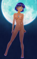 Rule 34 | 1girl, absurdres, arms at sides, bare shoulders, blue background, blue gemstone, blunt bangs, blunt ends, blush, bob cut, breasts, clitoral hood, closed mouth, collarbone, commentary, curled fingers, dark, dark-skinned female, dark skin, earrings, female pubic hair, full body, full moon, fushigi no umi no nadia, gem, gold bracelet, green eyes, groin, hair ornament, hairclip, highres, hoop earrings, jewelry, light blush, light smile, looking at viewer, maruyama musashi, moon, nadia la arwall, navel, neck ring, necklace, night, night sky, nipples, pendant, pubic hair, purple hair, pussy, short hair, sky, small breasts, solo, spread legs, standing, toes, uncensored