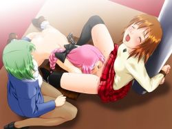 Rule 34 | 3girls, artist request, bdsm, blush, bondage, bound, braid, brown hair, censored, clothes lift, cunnilingus, closed eyes, fingering, game cg, green hair, multiple girls, open mouth, oral, pantyhose, pink hair, pussy, ribbon, short hair, skirt, skirt lift, source request, sweat, thighhighs, yuri
