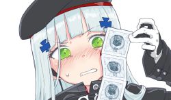 Rule 34 | 1girl, beret, black hat, blush, commentary request, condom, condom packet strip, condom wrapper, girls&#039; frontline, gloves, green eyes, hat, hk416 (girls&#039; frontline), holding, holding condom, long hair, long sleeves, monolith (suibou souko), plus sign, silver hair, simple background, solo, teeth, white background