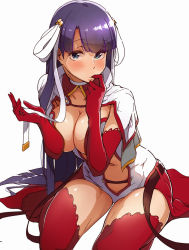 Rule 34 | 1girl, blue eyes, blunt bangs, breasts, center opening, cleavage, fate/grand order, fate (series), large breasts, martha (fate), navel, purple hair, red thighhighs, revealing clothes, sitting, solo, straight hair, thighhighs, thighs, tokiwa midori (kyokutou funamushi)
