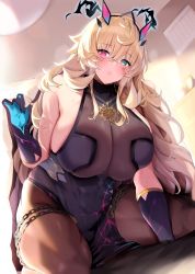 Rule 34 | 1girl, abs, absurdres, bare shoulders, black dress, black gloves, blonde hair, blue gk, breasts, brown pantyhose, chain, commentary request, dress, elbow gloves, barghest (fate), barghest (second ascension) (fate), fate/grand order, fate (series), gloves, green eyes, heterochromia, highres, horns, kneeling, large breasts, long hair, looking at viewer, pantyhose, pelvic curtain, red eyes, sideboob, solo, thighs