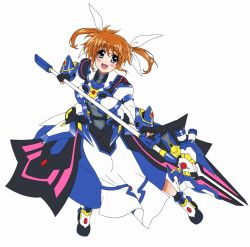 Rule 34 | 1girl, 2000s (style), ankle boots, armor, armored dress, black gloves, boots, bracer, brown hair, commentary, dress, fingerless gloves, gloves, hair ribbon, holding, holding staff, juliet sleeves, long dress, long sleeves, looking at viewer, lyrical nanoha, magical girl, mahou shoujo lyrical nanoha detonation, open mouth, puffy sleeves, purple eyes, raising heart, raising heart estrea, ribbon, short hair, short twintails, simple background, smile, solo, staff, standing, takamachi nanoha, takamachi nanoha (formula ii), twintails, white background, white dress, white footwear, white ribbon, yorousa (yoroiusagi)