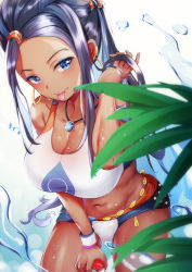 Rule 34 | 1girl, :p, absurdres, alternate skin color, armlet, bad id, bad pixiv id, belly chain, bikini, black hair, blue eyes, blue hair, breasts, cleavage, creatures (company), dark-skinned female, dark skin, earrings, eric (pixiv9123557), game freak, glint, gloves, gym leader, hair bun, hand in own hair, has bad revision, has downscaled revision, highres, holding, holding poke ball, hoop earrings, jewelry, large breasts, long hair, looking at viewer, md5 mismatch, multicolored hair, navel, necklace, nessa (pokemon), nintendo, plant, poke ball, poke ball (basic), pokemon, pokemon swsh, resolution mismatch, single glove, single hair bun, solo, source smaller, sweat, swimsuit, tankini, tongue, tongue out, two-tone hair, water, wet