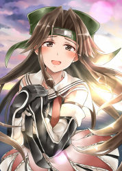 Rule 34 | 10s, 1girl, :d, blouse, brown eyes, brown hair, cannon, detached sleeves, forehead protector, gloves, hair intakes, hands on own chest, happy tears, headband, highres, jintsuu (kancolle), jintsuu kai ni (kancolle), kamelie, kantai collection, long hair, ocean, open mouth, school uniform, serafuku, shirt, skirt, sky, smile, solo, sunset, tears, turret, water