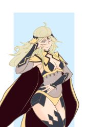 Rule 34 | 1girl, armpits, atelier-khriss, blonde hair, breasts, cape, cleavage, female focus, fire emblem, fire emblem fates, grey eyes, highres, medium breasts, navel, nintendo, ophelia (fire emblem), panties, simple background, smile, solo focus, thighhighs, underwear, v, yellow panties