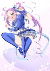 Rule 34 | 10s, 1girl, alternate breast size, blue footwear, blue skirt, boots, breasts, choker, cure beat, dress, frills, hair ornament, heart, jewelry, kumimin, kurokawa eren, leg up, long hair, magical girl, one eye closed, open mouth, precure, purple hair, seiren (suite precure), side ponytail, skirt, smile, suite precure, thigh boots, thighhighs, wink, yellow eyes