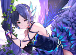 Rule 34 | 1girl, bad id, bad pixiv id, blue dress, blue gloves, blue hair, blue ribbon, breasts, choker, commentary, dress, feather hair ornament, feathers, frilled dress, frills, gloves, hair ornament, hayami kanade, highres, himawarino-tane, idolmaster, idolmaster cinderella girls, idolmaster cinderella girls starlight stage, looking at viewer, medium breasts, plant, ribbon, ribbon choker, short hair, sideboob, smile, solo, thighs, vines, wings, yellow eyes