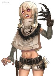 Rule 34 | 1girl, bandages, bandaged arm, bandaged hand, bandages, belt, blonde hair, buckle, claw (weapon), dagger, estyy, fingernails, fur trim, knife, long hair, navel, original, platinum blonde hair, red eyes, scabbard, sheath, sheathed, shorts, simple background, solo, standing, teeth, tongue, tongue out, twitter username, upper teeth only, weapon, white background
