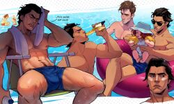 Rule 34 | 1girl, 2boys, abs, absurdres, bara, blue male swimwear, bottle, brown hair, bulge, closed eyes, drinking, facial hair, hat, highres, holding, holding bottle, large pectorals, looking at another, male swimwear, marvel, mayday parker, miguel o&#039;hara, multiple boys, muscular, muscular male, navel, navel hair, nipples, p1nkmic, pectorals, peter b parker, smile, spanish text, spider-man: across the spider-verse, spider-man (series), spider-verse, sunglasses, topless male, towel, towel around neck, water