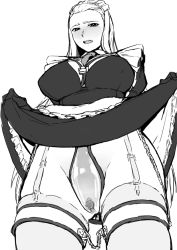 Rule 34 | 1girl, asahina misuzu, bondage game, breasts, chastity belt, clitoris, clothes lift, dress, dress lift, erect clitoris, frilled dress, frills, garter straps, greyscale, large breasts, long hair, maid, maid headdress, monochrome, necktie, open mouth, tagme, thigh bands, thighhighs, ufo koikoi