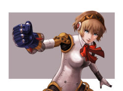Rule 34 | 1girl, aegis (persona), android, blonde hair, blue eyes, bow, breasts, closed mouth, gauntlets, looking at viewer, matrosso, mazinger (series), mazinger z, persona, persona 3, ribbon, short hair, solo