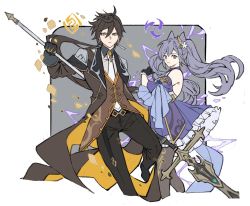 Rule 34 | 1boy, 1girl, black hair, black pantyhose, closed mouth, cropped legs, detached sleeves, double bun, dress, earrings, electricity, genshin impact, gloves, hair between eyes, hair bun, highres, holding, holding weapon, jacket, jewelry, keqing (genshin impact), long hair, long sleeves, pants, pantyhose, polearm, ponytail, purple dress, purple eyes, purple hair, simple background, single earring, spear, spring2013, two-tone background, weapon, yellow eyes, zhongli (genshin impact)