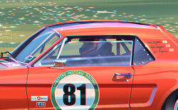 Rule 34 | 1boy, ben beighton, car, character name, chromatic aberration, close-up, commentary, english commentary, english flag, ford, ford mustang, ford mustang (1st generation), from side, helmet, highres, jacket, marta danecka, masters historic racing, motor vehicle, muscle car, race vehicle, racecar, real life, solo, white jacket